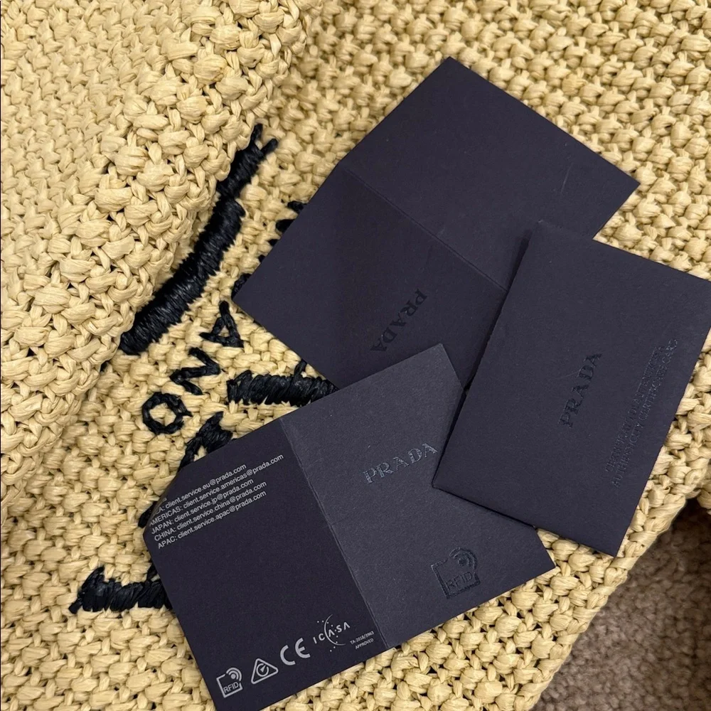 Prada Milano Raffia Tote Bag Large Logo Beige Black – Full Set NEW